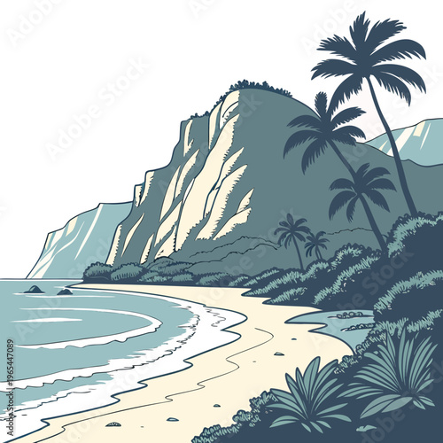 A serene beach scene with palm trees and a mountain in the background