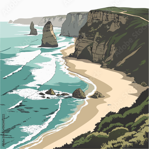 Vector illustration of a scenic coastline with cliffs, sandy beach, and rock formations by the ocean shore in earthy tones