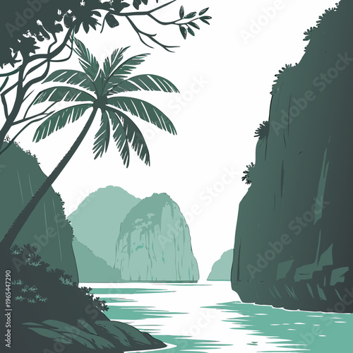 A serene tropical landscape with a palm tree and rocky cliffs overlooking a calm body of water in a greenish hue