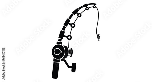 A striking black graphic depicts a fishing rod with a reel line and guide eyes silhouette high quality