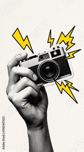 Pop Art Halftone Distressed Hand Holding Camera Sticker Illustration, Worn Retro Photography Camera Icon, Vintage Torn Paper Collage Element, 90s Magazine Style, Vertical bg