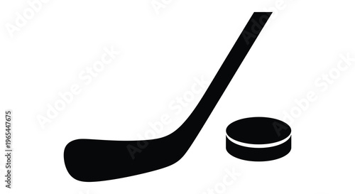 A stark black silhouette depicts a hockey stick and puck resting on a white background silhouette high quality