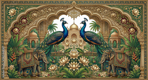 An ornate symmetrical illustration featuring peacocks elephants and floral motifs within an arched palatial frame on transparent background high quality professional