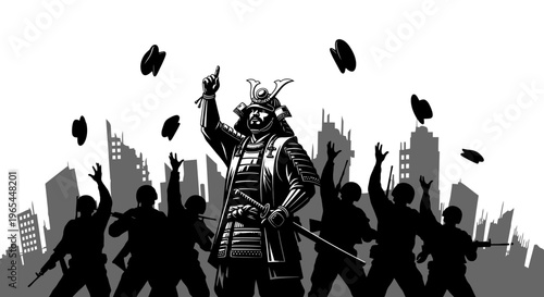 Samurai Warrior Leading Army Against Destroyed Cityscape in Black and White