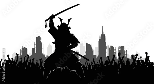Samurai Warrior Silhouette Overwhelmed Cityscape and Crowd