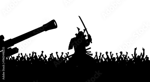 Samurai Warrior with Katana and Cannon Silhouette Against Crowd