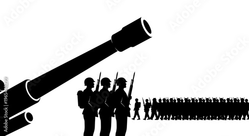Silhouette of Artillery Cannon and Soldiers Marching, Military Power Concept