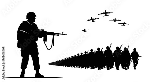 Silhouette of soldier with rifle and army marching troops with aircraft flying overhead