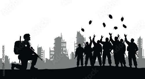 Silhouette of Soldier Celebrating Victory with Grenades in Ruined Cityscape