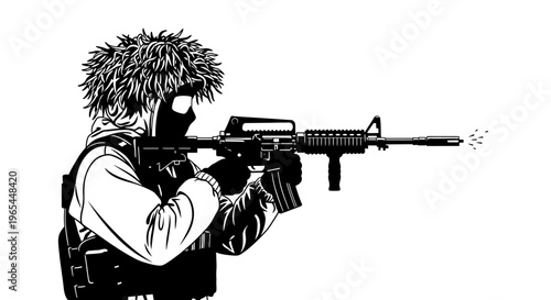 Soldier aiming assault rifle, tactical gear, black balaclava, white background