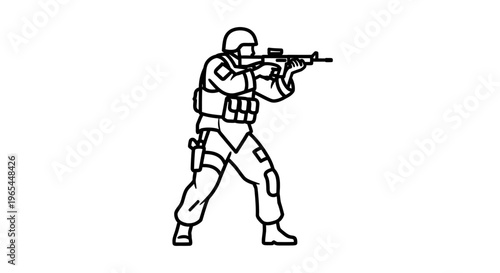 Soldier aiming assault rifle, tactical gear, military action, combat stance, line art illustration