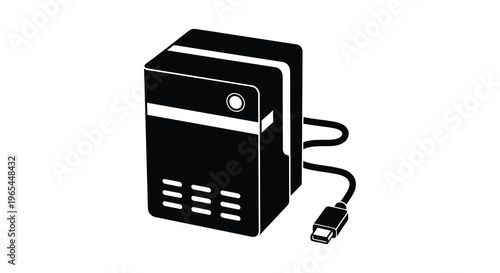 A sleek black external hard drive depicted in a minimalist style with connecting cables silhouette high quality professional