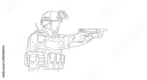 Soldier Aiming Pistol with Night Vision Goggles on Helmet, Tactical Gear, Line Art