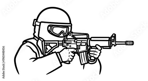 Soldier aiming rifle, tactical gear, protective helmet and goggles, military action