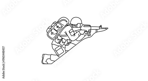 Soldier Aiming Rifle in Combat Gear, Crouching Position, Military Action Illustration