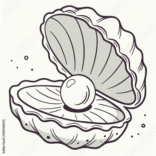 Oyster shell, open clamshell, pearl illustration, black and white vector