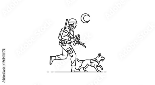 Soldier and Military Dog Patrol Under Crescent Moon, Night Operation