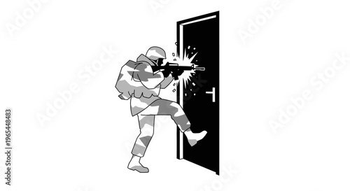 Soldier breaching door with rifle, tactical entry, combat action, military operation, dynamic movement
