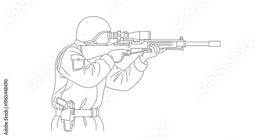Soldier aiming sniper rifle with scope, military sniper, tactical gear, focused shooter