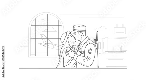 Soldier kissing his wife goodbye at the airport, farewell, love, military, departure, homecoming
