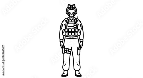 Soldier in tactical gear, front view, outline illustration