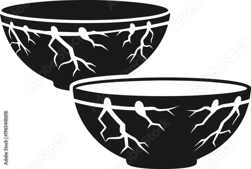 1076 kintsugi bowl ceramic with golden seams line art vector illustration on transparent background