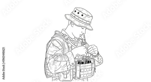 Soldier in tactical gear and boonie hat adjusting equipment, military training, focused soldier