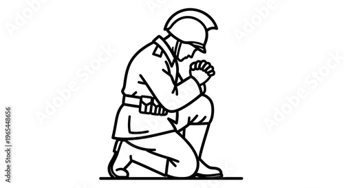 Soldier Praying Kneeling on Knee, Military Man in Uniform with Helmet, Hands Clasped in Prayer