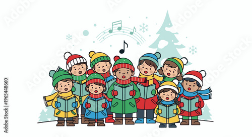 Diverse children in winter attire sing carols together with festive music
