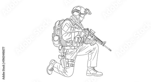 Soldier Kneeling with Rifle, Tactical Gear, Military Action Pose