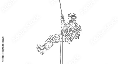 Soldier rappelling down a rope, tactical gear, military training, action, descent