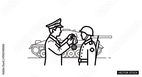 Soldier receives medal from officer in front of tank, military award ceremony, honor and recognition