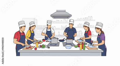 Diverse group in chef hats practices culinary arts in a brightly lit kitchen environment