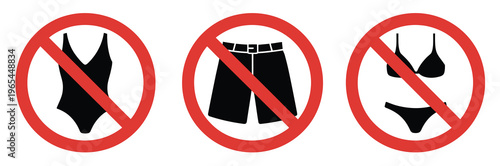 No swimwear prohibition sign illustration, warning symbol banning bikini, shorts, and swimsuit for safety, hygiene, and facility regulations.