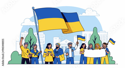 Diverse group of people holding Ukrainian flags, protest banner, and raising fists