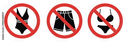 No swimwear allowed sign illustration, prohibition symbol banning swimsuit, shorts, and bikini for public safety, hygiene rules, and facility compliance.