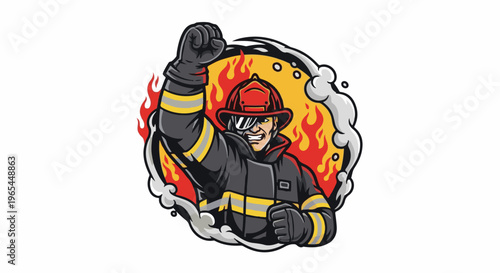 Determined firefighter in protective gear raises fist amidst fiery flames and smoke