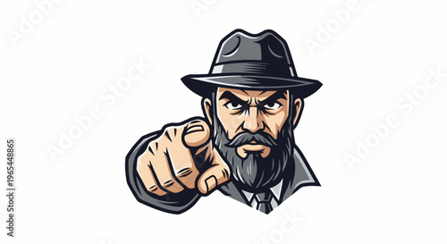 Determined man with beard, mustache, and fedora points forward
