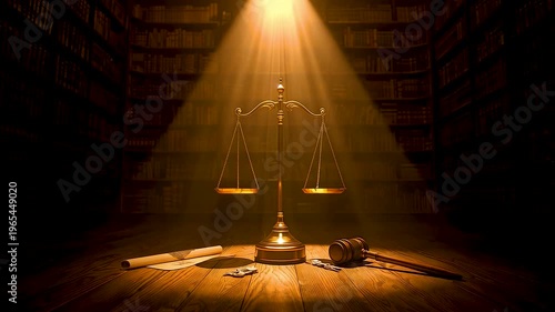 Brass Scales Of Justice On Wooden Floor Surrounded By Old Books Gavel And Papers Under Dramatic Light Beam