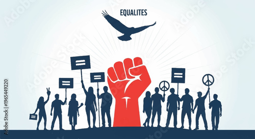 People protesting with raised fist and signs equality freedom