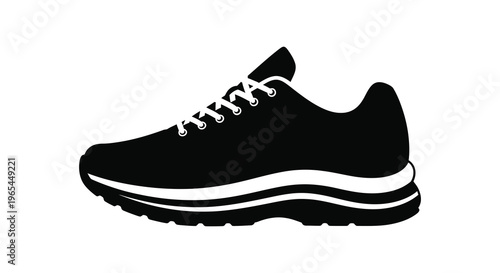 A minimalist black and white depiction of a running shoe with laces and a curved sole silhouette