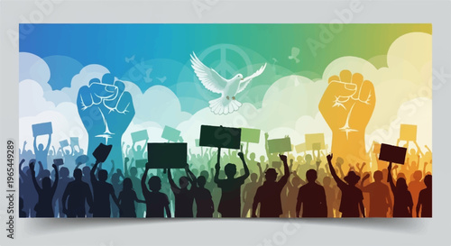 Crowd of people protesting with signs and fists raised in solidarity dove flying overhead colorful gradient background with clouds