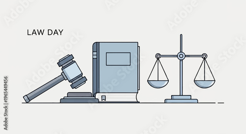 Law and justice symbols including gavel book and balance scales on a desk representing legal judgment and order in a professional setting