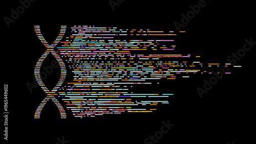 Colorful one-sided DNA helix with flowing pixel code streams on dark background. Futuristic vector concept for big data analytics, AI-driven genomics, drug discovery, and biotech research.