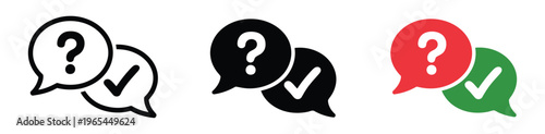 Question, mark icon in speech bubble featuring check mark tick symbol, FAQ ask bubble icon, help, support, service, and communication concept, modern flat vector