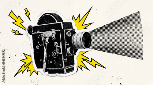 Pop Art Halftone Distressed Vintage Film Projector Sticker Illustration, Worn Retro Cinema Camera Projection Icon, Vintage Torn Paper Collage Element, 90s Magazine Style