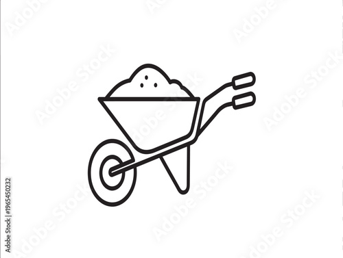 A simple line drawing of a wheelbarrow filled with soil or sand