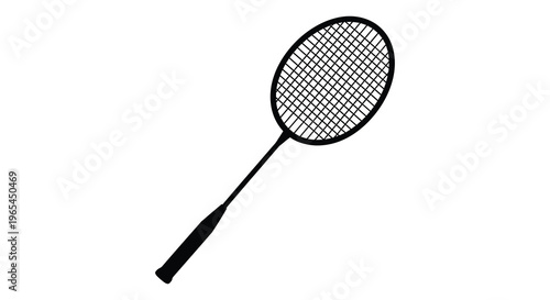 A stark black silhouette depicts a badminton racket against a clean white background showcasing athletic equipment silhouette