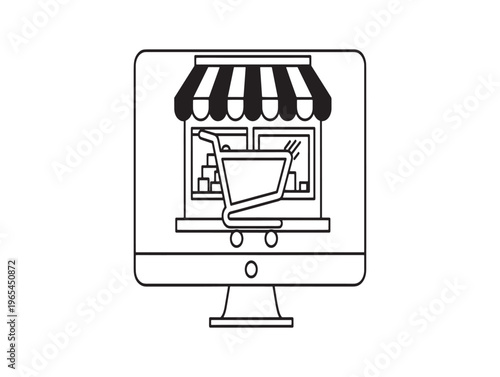 E commerce storefront on computer screen with striped awning and shopping cart