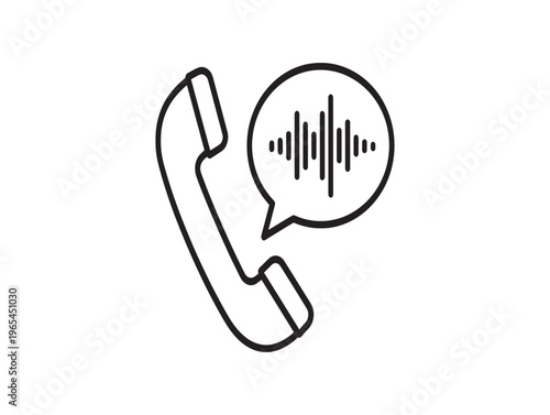 A black and white icon of a telephone with a speech bubble containing sound waves